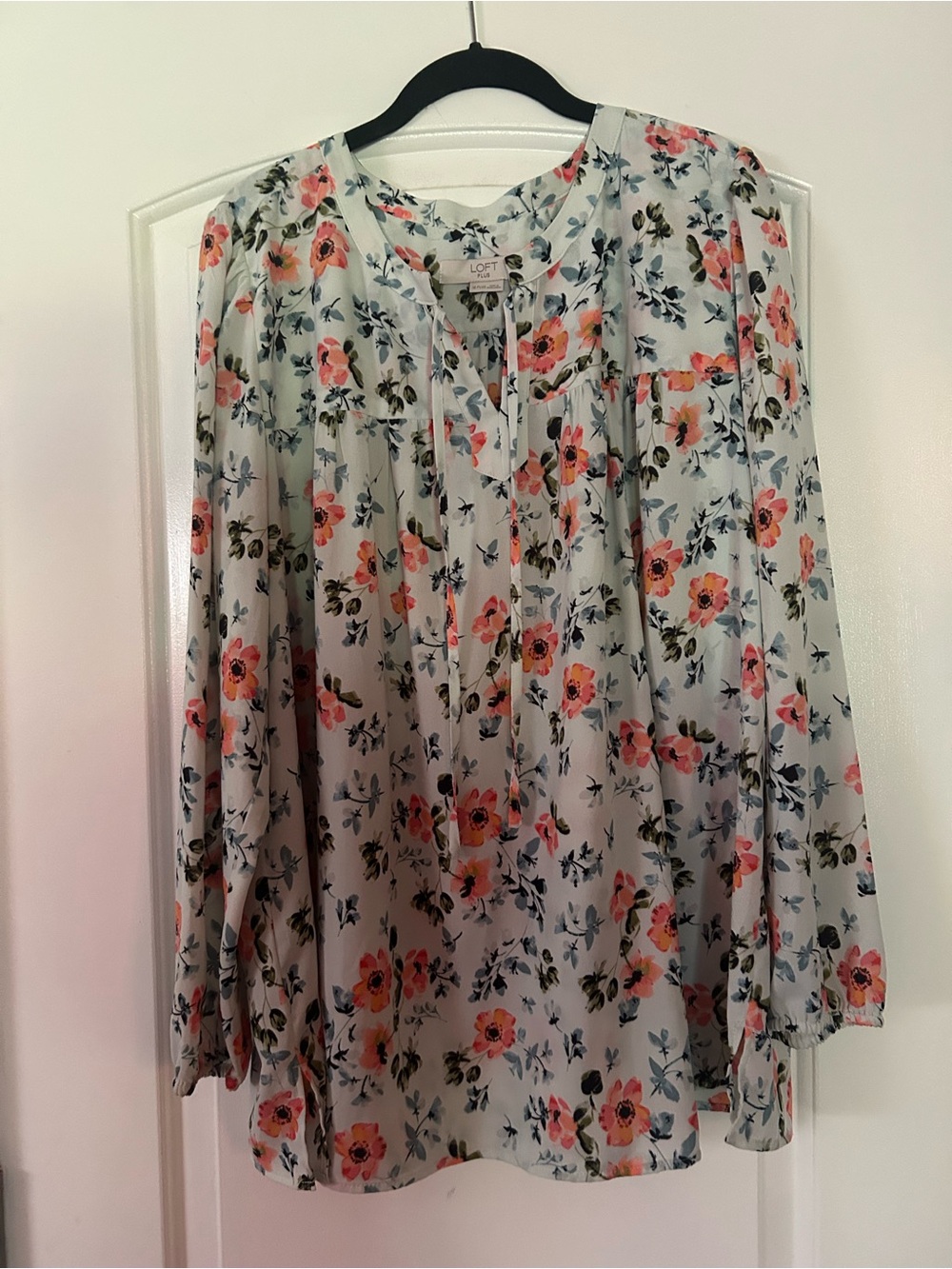 LOFT Light Blue Floral Tie-Neck Blouse with Pink and Coral Flowers